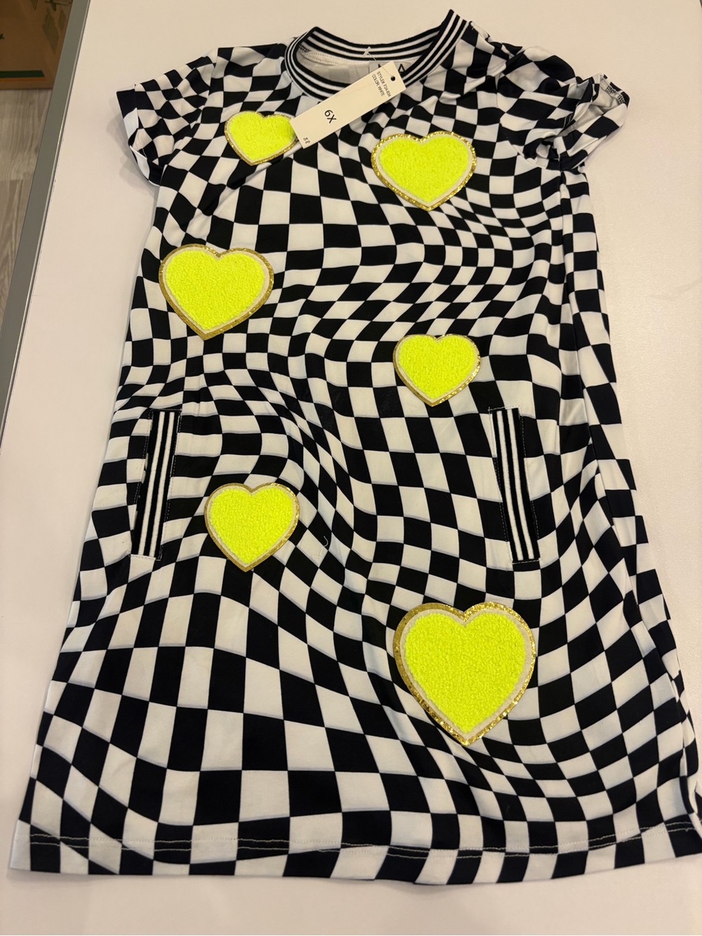 MIA Black & White Checkerboard Tee Dress with Neon Yellow Heart Appliqués